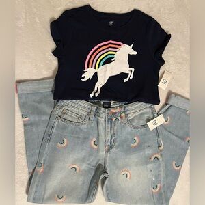 NWT - GAP Kids Rainbow Jeans & Unicorn Shirt - Size 10 Pants & Large T-Shirt